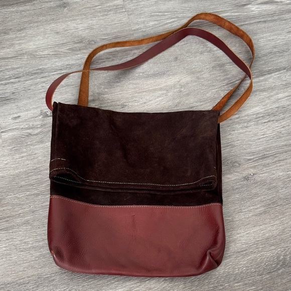 None Handbags - Handmade Suede and Leather Brown and Burgundy Fold Over Slouchy Bucket Bag